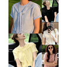 批发欧洲站小个子超好看洋气百搭慵懒风配钩花披肩两穿针织短袖T恤女