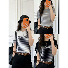 批发深圳南油欧货26夏D家撞色条纹字母针织短袖女显瘦