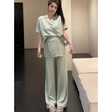 批发韩国东大门2026夏季新款洋气百搭显瘦屁帘拼接长裤+上衣套装女