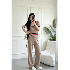 批发2026新款v领短袖袖修身百搭针织上衣休闲裤套装