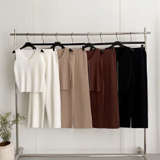 批发韩版时尚百搭翻领针织上衣女高腰阔腿直筒长裤春装两件套