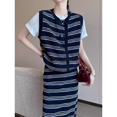 批发藏青条纹圆领无袖针织背心女夏季2026新款百搭半身裙套装