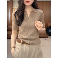 批发驼色翻领短袖针织衫女夏季正肩t恤2026新款气质显瘦薄款中袖上衣