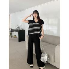 批发条纹夏季新款韩版宽松针织连帽半拉链上衣＋时尚休闲阔腿裤女