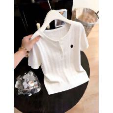 批发简约气质百搭白色半开扣圆领冰丝针织衫短袖T恤女春夏新款内搭潮