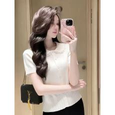 批发法式甜美白色<b class='q'>蕾丝</b>娃娃领短袖T恤女2026夏季新款韩版时尚百搭上衣