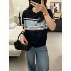 批发夏季新款韩系条纹撞色竹节麻<b class='q'>针织</b>短袖T恤女<b class='q'>开衫</b>宽松<b class='q'>圆领</b>体恤上衣