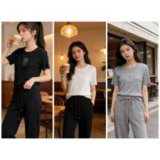 批发夏<b class='q'>装</b>时尚穿搭一整套<b class='q'>装</b>女士今年流行显瘦短袖T恤+冰丝阔腿<b class='q'>裤</b><b class='q'>两件套</b>