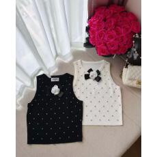 批发V领条纹<b class='q'>针织</b><b class='q'>开衫</b>女短袖显瘦修身纽扣装饰上衣薄款钉珠蝴蝶结背心