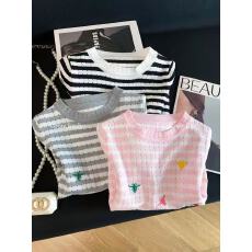 Grow freely 粉色条纹镂空针织衫短袖女夏季薄款显瘦减龄刺绣上衣