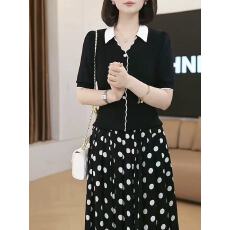 批发翻领撞色冰丝针织短袖女夏季新款V领纽扣套头T恤气质上衣