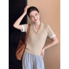 批发老钱风卡其色翻领针织短袖t恤女夏季修身气质独特漂亮巨好看上衣
