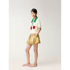 批发设计感通勤上衣撞色Polo领樱桃钩花针织短袖T恤女宽松型显瘦上衣