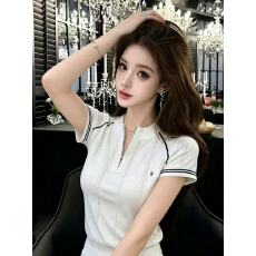 批发LYM STudio 复古polo领针织短袖T恤女夏<b class='q'>修身</b>显瘦拉链撞色上衣