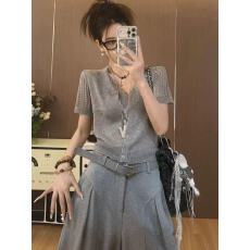 批发韩系老钱风灰色镂空短袖<b class='q'>针织</b><b class='q'>开衫</b>女夏季宽松显瘦百搭休闲上衣薄款