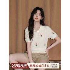 批发白色POLO领短袖针织衫女2026夏季新款冰丝设计感立体花朵短款上衣