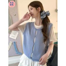 批发超火减龄夏季马甲拼接蓝色针织短袖t恤女<b class='q'>假两件</b>宽松显瘦冰丝上衣