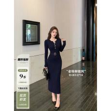 批发林关关气质御姐风针织连衣裙女腰带收腰修身显瘦包臀裙开叉长裙子
