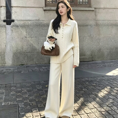 批发简约松弛感POLO领麻花纹柔软套头毛衣两件套女秋冬针织阔腿裤套