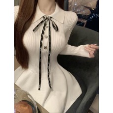 批发luna潞娜12.8新品针织连衣裙张元英风格少女翻领收腰蓬蓬裙超短裙