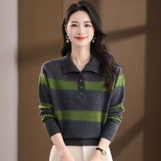 批发翻领羊毛衫女秋冬慵懒风韩版针织上衣<b class='q'>妈妈</b>装条纹毛衣打底衫