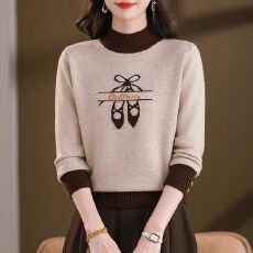 批发秋冬新款半高领芭蕾鞋刺绣针织衫短款内搭外穿打底<b class='q'>上衣</b>撞色毛衣女