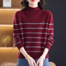 批发羊毛衫毛衣女宽松条纹半高领<b class='q'>中老年</b>时尚羊绒打底加厚保暖女
