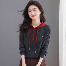 连帽羊毛针织衫女秋冬新款修身显瘦打底衫时尚减龄麻花毛衣