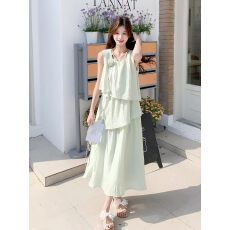 法式桔梗不规则雪纺连衣裙女2026夏季新款韩版显瘦蛋糕无袖背心裙