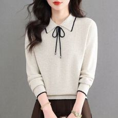 批发设计感系带娃娃领毛衣女春秋针织衫上衣洋气内搭羊毛打底衫