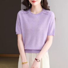 批发冰丝圆领钉珠短袖t恤女士2026新款<b class='q'>妈妈</b>夏装薄款针织小衫紫色上衣