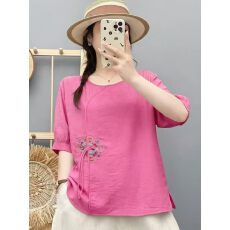 批发2026年新款胖妈妈奶奶洋气复古新国风棉麻T恤上衣夏特大码<b class='q'>中老年</b>