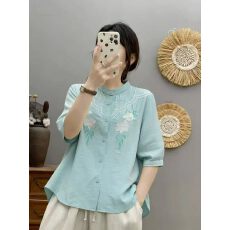 批发2026年新款胖妈妈奶奶洋气复古新国风棉麻<b class='q'>T</b><b class='q'>恤</b>上衣夏特大码中老年