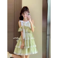 连衣裙挂脖蛋糕裙绿色短裙温柔少女感小个子仙