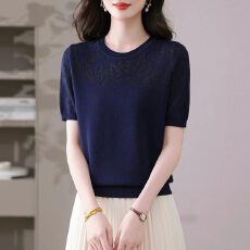 批发设计感刺绣冰丝短袖t恤女夏季洋气妈妈宽松桑蚕丝针织上衣