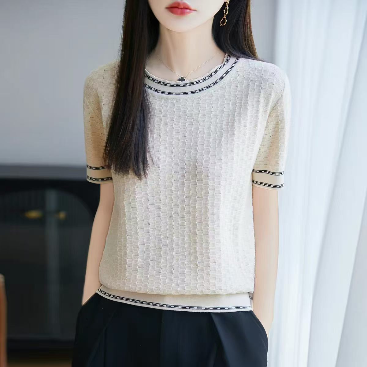 RY2121# 小香风圆领镂空纯棉线针织短袖T恤女2026舒适宽松休闲上衣t恤小衫