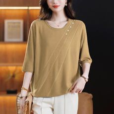 批发时尚妈妈夏装圆领套头桑蚕丝<b class='q'>上衣</b>宽松大码针织衫夏季新款真丝小衫