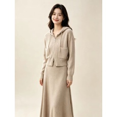 批发实拍秋冬新款羊毛针织衫连帽宽松开衫外套+休闲半身裙两件套女