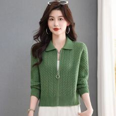 批发秋冬新款麻花翻领拉链<b class='q'>针织</b>开衫女短款高级感小个子毛衣外套