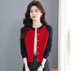 批发撞色<b class='q'>针织</b>开衫女短款圆领毛衣小个子显瘦上衣外套2026新款洋气春装