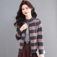 批发羊毛立领拉链条纹撞色针织开衫女今年流行<b class='q'>中老年</b>外套高级感