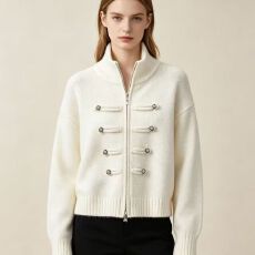 批发<b class='q'>欧美</b>风立领双拉链短款长袖针织开衫女秋冬百搭时尚毛衣加厚短外套