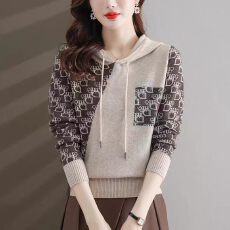 批发连帽针织衫女<b class='q'>春</b>秋新款洋气拼接卫衣简单百搭带帽套头羊毛衫