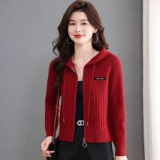 批发连帽拉链短外套秋冬2026新款妈妈高级感小个子<b class='q'>针织</b>开衫上衣