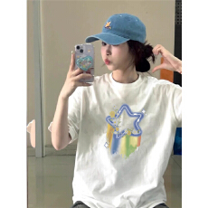 批发短袖落肩个性学生网红时尚纯棉宽松版夏季T恤女小众<b class='q'>夏装</b>圆领爆款