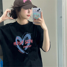 批发夏季个性短袖超火宽松版纯棉休闲大码新款印花<b class='q'>夏装</b>T恤女落肩学生