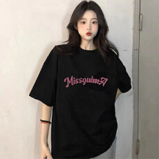 批发春夏季慵懒风纯棉简约T恤女大版休闲百搭网红宽松<b class='q'>短袖</b>落肩美拉德