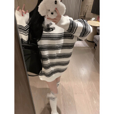 批发韩版撞色星球提花条纹毛衣2025年秋冬 宽松中长款毛针织衫 配<b class='q'>袜套</b>