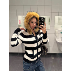 批发F383 美式复古黑白条纹毛领连帽毛衣外套修身显瘦<b class='q'>高级</b>慵懒上衣ins
