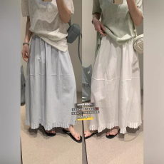 批发荷叶边压褶半身裙女百搭夏季新款松紧腰韩系气质法式长裙a字裙